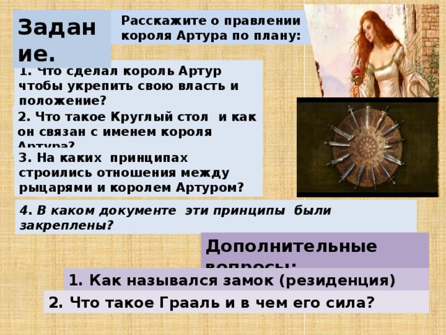 Задание. Расскажите о правлении короля Артура по плану: 1. Что сделал король Артур чтобы укрепить свою власть и положение? 2. Что такое Круглый стол и как он связан с именем короля Артура? 3. На каких принципах строились отношения между рыцарями и королем Артуром? 4. В каком документе эти принципы были закреплены? Дополнительные вопросы: 1. Как назывался замок (резиденция) короля Артура? 2. Что такое Грааль и в чем его сила? 