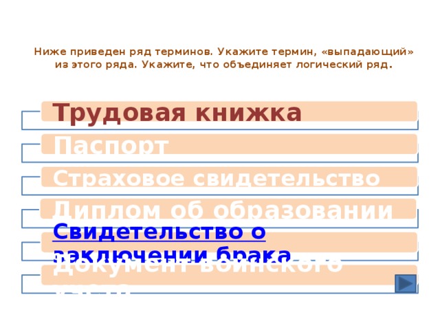 Ниже приведен ряд терминов. Укажите термин, «выпадающий» из этого ряда. Укажите, что объединяет логический ряд .   Трудовая книжка Паспорт Страховое свидетельство Диплом об образовании Свидетельство о заключении брака Документ воинского учета 