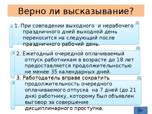 Верно ли высказывание? 1. При совпадении выходного и нерабочего праздничного дней выходной день переносится на следующий после праздничного рабочий день. 2. Ежегодный очередной оплачиваемый отпуск работникам в возрасте до 18 лет предоставляется продолжительностью не менее 35 календарных дней. 3. Работодатель вправе сократить продолжительность очередного оплачиваемого отпуска на 7 дней (до 21 дня) работнику, которому был объявлен выговор за совершение дисциплинарного проступка. 