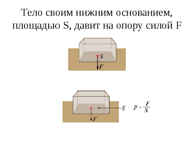 Тело своим нижним основанием, площадью S , давит на опору силой F 