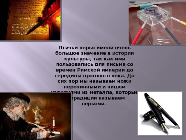 Птичьи перья имели очень большое значение в истории культуры, так как ими пользовались для письма со времен Римской империи до середины прошлого века. До сих пор мы называем ножи перочинными и пишем изделиями из металла, которые по традиции называем перьями. 