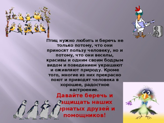 Птиц нужно любить и беречь не только потому, что они приносят пользу человеку, но и потому, что они веселы, красивы и одним своим бодрым видом и поведением украшают и оживляют природу. Кроме того, многие из них прекрасно поют и приводят человека в хорошее, радостное настроение. Давайте беречь и защищать наших пернатых друзей и помощников! 