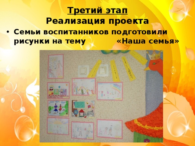 Третий этап  Реализация проекта Семьи воспитанников подготовили рисунки на тему    «Наша семья» 