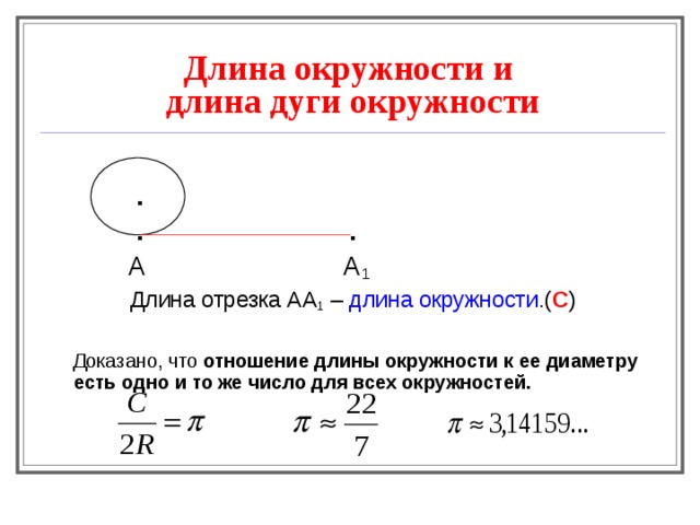 Длина окружности и  длина дуги окружности  .   .  .  А А 1  Длина отрезка АА 1 – длина окружности .( С )  Доказано, что отношение длины окружности к ее диаметру есть одно и то же число для всех окружностей.   