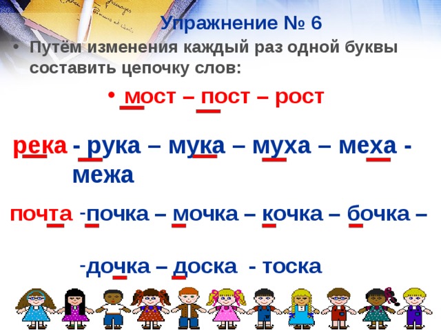 Упражнение № 6 Путём изменения каждый раз одной буквы составить цепочку слов: мост – пост – рост   - рука – мука – муха – меха - межа река  почта  почка – мочка – кочка – бочка –  дочка – доска - тоска 