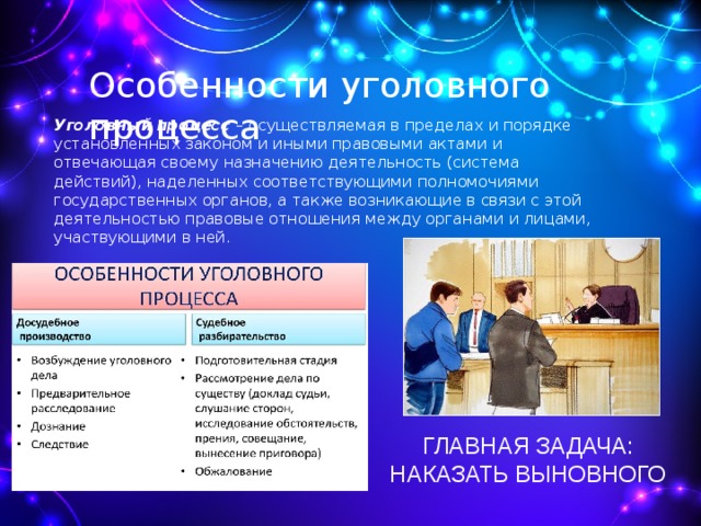 Особенности уголовного процесса Уголовный процесс   – осуществляемая в пределах и порядке установленных законом и иными правовыми актами и отвечающая своему назначению деятельность (система действий), наделенных соответствующими полномочиями государственных органов, а также возникающие в связи с этой деятельностью правовые отношения между органами и лицами, участвующими в ней. ГЛАВНАЯ ЗАДАЧА: НАКАЗАТЬ ВЫНОВНОГО 
