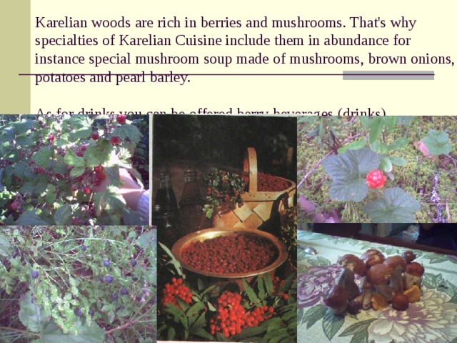 Karelian woods are rich in berries and mushrooms. That's why specialties of Karelian Cuisine include them in abundance for instance special mushroom soup made of mushrooms, brown onions, potatoes and pearl barley.   As for drinks you can be offered berry beverages (drinks).   