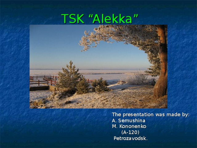 TSK “Alekka”  The presentation was made by :   A. Semushina  M. Kononenko  (A-120)  Petrozavodsk. 