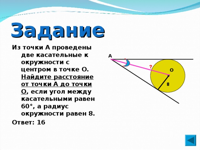 Задание Из точки А проведены две касательные к окружности с центром в точке О. Найдите расстояние от точки А до точки О , если угол между касательными равен 60°, а радиус окружности равен 8. Ответ: 16 А ? О 8 