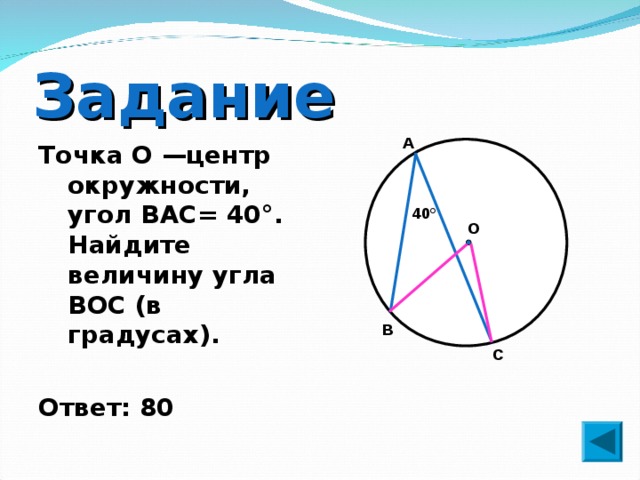 Задание А Точка О —центр окружности, угол BAC= 40°. Найдите величину угла BOC (в градусах).  Ответ: 80 40° О B С 