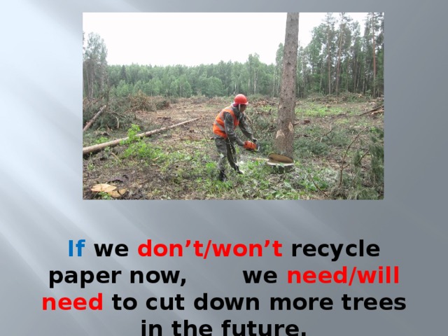 If we don’t/won’t recycle paper now, we need/will need to cut down more trees in the future. 