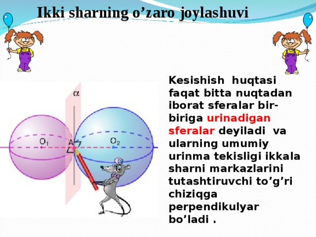 Ikki sharning o’zaro joylashuvi    Kesishish huqtasi faqat bitta nuqtadan iborat sferalar bir-biriga urinadigan sferalar deyiladi va ularning umumiy urinma tekisligi ikkala sharni markazlarini tutashtiruvchi to’g’ri chiziqga perpendikulyar bo’ladi . 