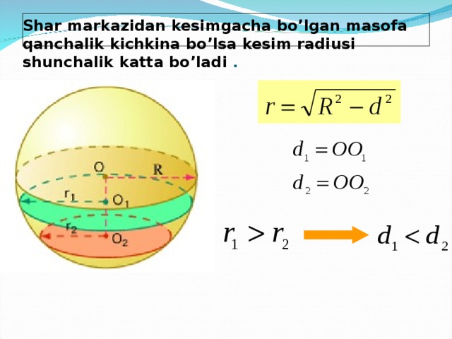 Shar markazidan kesimgacha bo’lgan masofa qanchalik kichkina bo’lsa kesim radiusi shunchalik katta bo’ladi . 