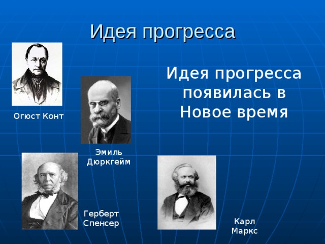 Идея прогресса Идея прогресса появилась в Новое время Огюст Конт Эмиль Дюркгейм Герберт Спенсер Карл Маркс 