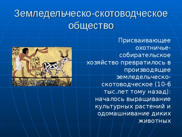 Земледельческо-скотоводческое общество Присваивающее охотничье-собирательское хозяйство превратилось в производящее земледельческо-скотоводческое (10-6 тыс.лет тому назад): началось выращивание культурных растений и одомашнивание диких животных 