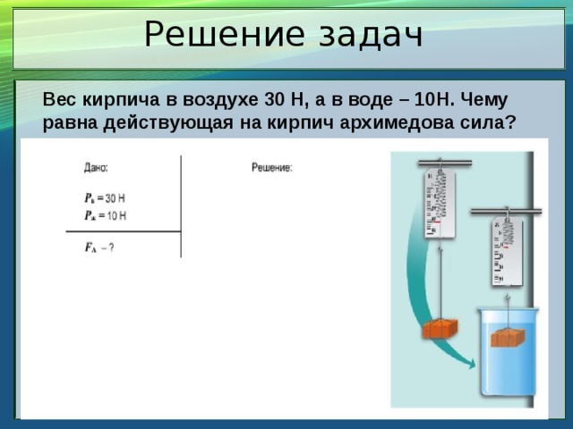 Решение задач Вес кирпича в воздухе 30 Н, а в воде – 10Н. Чему равна действующая на кирпич архимедова сила? 