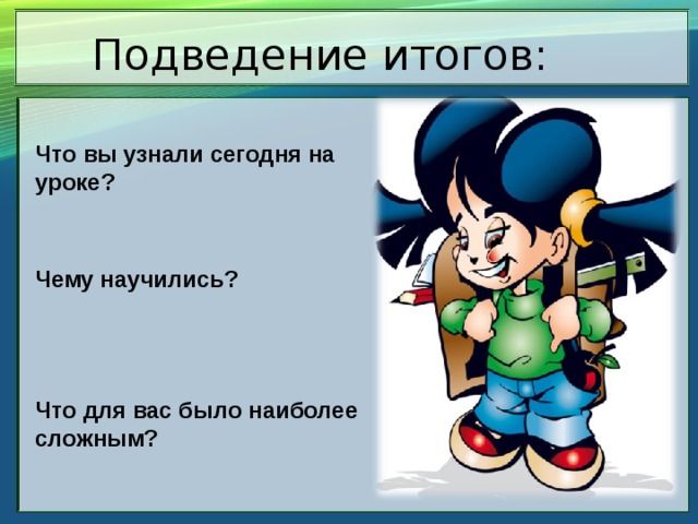 Подведение итогов:  Что вы узнали сегодня на уроке?   Чему научились?    Что для вас было наиболее сложным?   