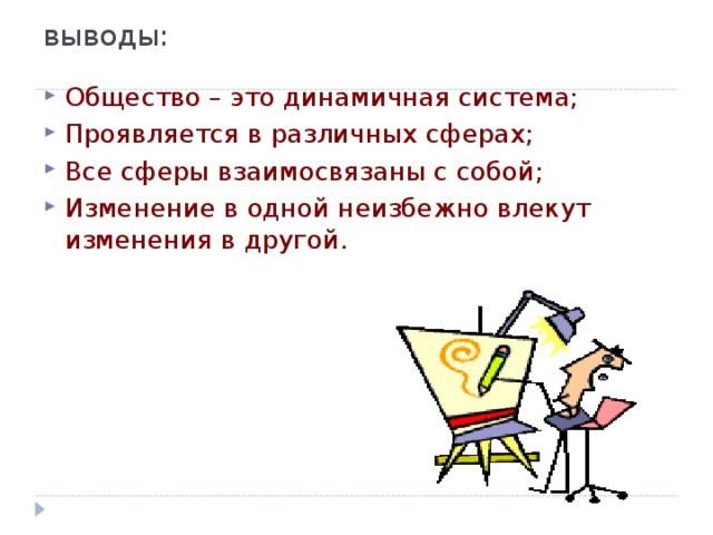 выводы:   Общество – это динамичная система; Проявляется в различных сферах; Все сферы взаимосвязаны с собой; Изменение в одной неизбежно влекут изменения в другой. 