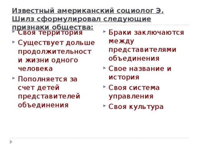 Известный американский социолог Э. Шилз сформулировал следующие признаки общества: Браки заключаются между представителями объединения Свое название и история Своя система управления Своя культура Своя территория Существует дольше продолжительности жизни одного человека Пополняется за счет детей представителей объединения 