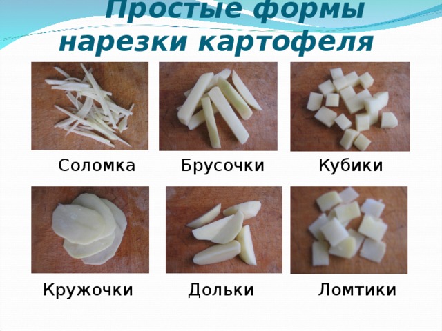           Простые формы нарезки картофеля   Соломка Брусочки Кубики Кружочки Дольки Ломтики   