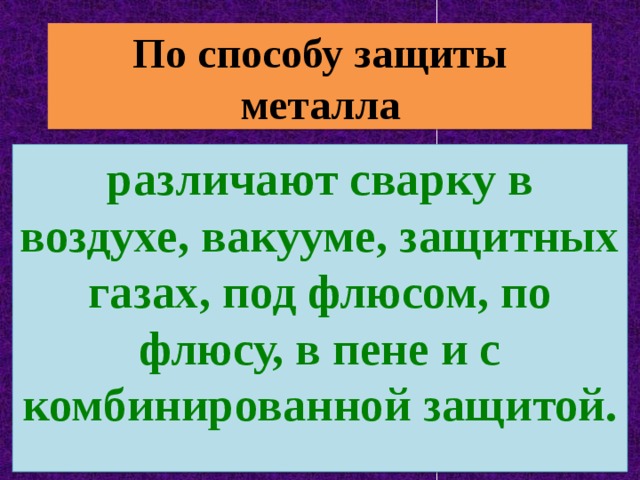 По  способу защиты металла различают сварку в воздухе, вакууме, защитных газах, под флюсом, по флюсу, в пене и с комбинированной защитой. 