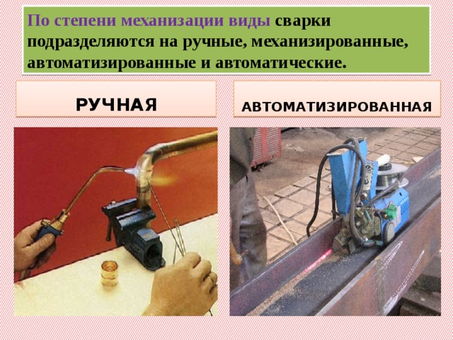 По степени механизации виды  сварки подразделяются на ручные, механизированные, автоматизированные и автоматические. РУЧНАЯ АВТОМАТИЗИРОВАННАЯ 