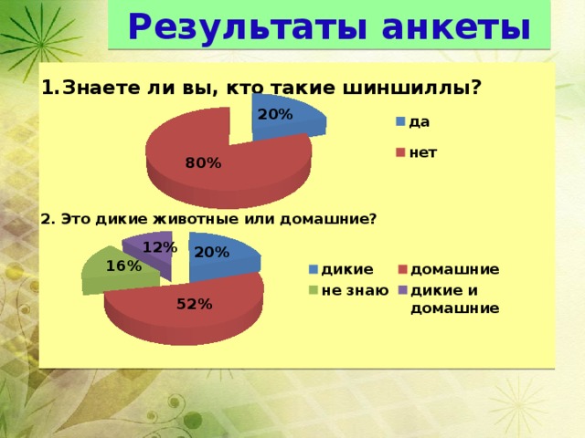 Результаты анкеты Знаете ли вы, кто такие шиншиллы? 2. Это дикие животные или домашние? 