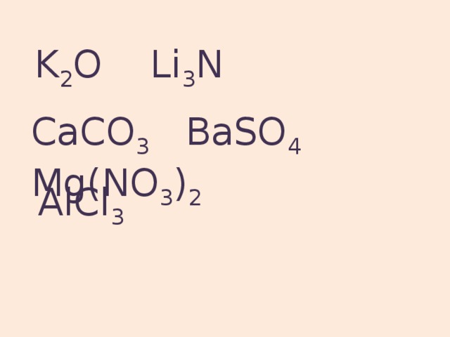 K 2 O Li 3 N CaCO 3 BaSO 4 Mg(NO 3 ) 2 AlCl 3 