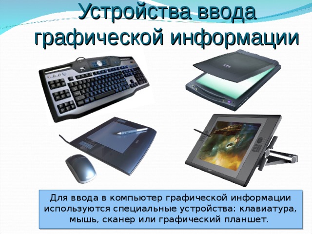 Устройства ввода графической информации Для ввода в компьютер графической информации используются специальные устройства: клавиатура, мышь, сканер или графический планшет. 