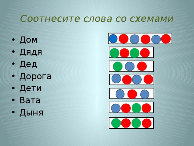 Соотнесите слова со схемами Дом Дядя Дед Дорога Дети Вата Дыня 