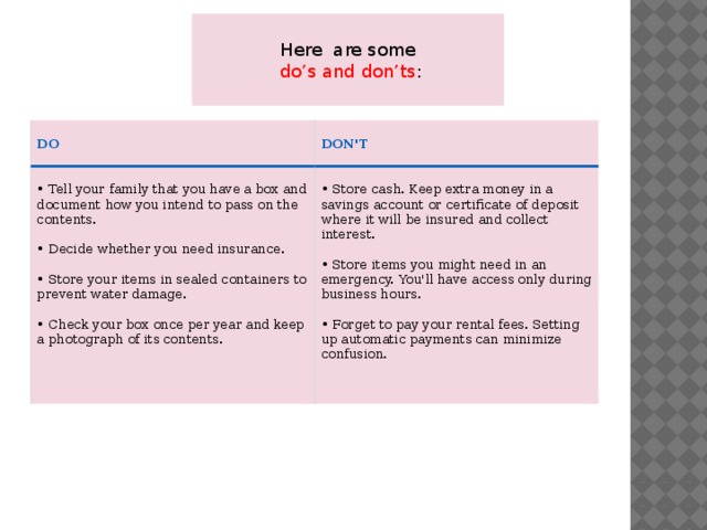 Here are some  do’s and don’ts : DO DON'T • Tell your family that you have a box and document how you intend to pass on the contents.   • Decide whether you need insurance.   • Store your items in sealed containers to prevent water damage.    • Check your box once per year and keep a photograph of its contents. • Store cash. Keep extra money in a savings account or certificate of deposit where it will be insured and collect interest.   • Store items you might need in an emergency. You'll have access only during business hours.    • Forget to pay your rental fees. Setting up automatic payments can minimize confusion. 