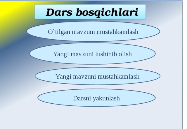  Dars bosqichlari O`tilgan mavzuni mustahkamlash Yangi mavzuni tushinib olish Yangi mavzuni mustahkamlash Darsni yakunlash 