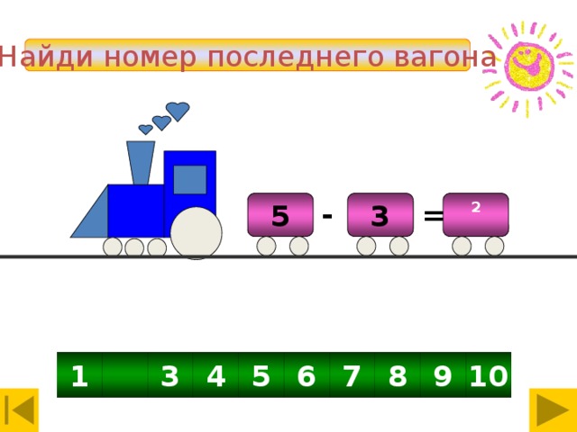 Волшебный поезд Найди номер последнего вагона  2 5  - = 3 1  10 9 8 3 6 5 4 7 