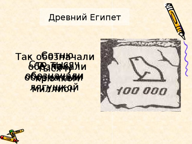 Древний Египет Сотню обозначали крючком Так обозначали тысячу Сто тысяч обозначали лягушкой А так обозначали миллион  