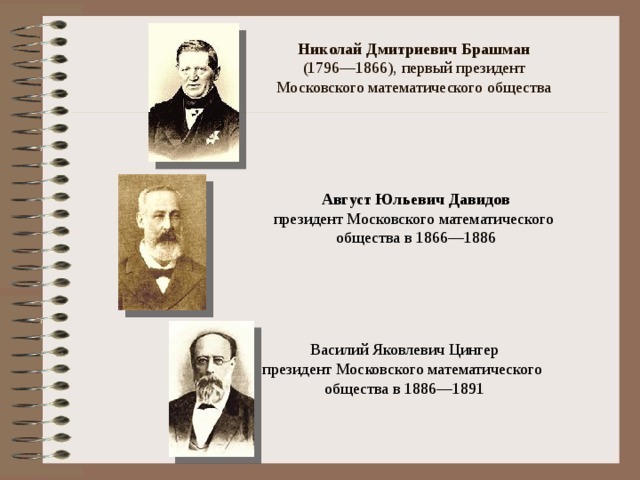 Николай Дмитриевич Брашман  (1796—1866), первый президент  Московского математического общества Август Юльевич Давидов президент Московского математического общества в 1866—1886 Василий Яковлевич Цингер президент Московского математического общества в 1886—1891 