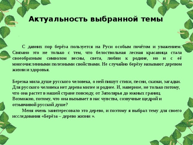 Актуальность выбранной темы С давних пор берёза пользуется на Руси особым почётом и уважением. Связано это не только с тем, что белоствольная лесная красавица стала своеобразным символом весны, света, любви к родине, но и с её многочисленными полезными свойствами. Не случайно берёзу называют деревом жизни и здоровья. Березка мила душе русского человека, о ней пишут стихи, песни, сказки, загадки. Для русского человека нет дерева милее и роднее. И, наверное, не только потому, что она растет в нашей стране повсюду, от Заполярья до южных границ. Возможно, потому, что она вызывает в нас чувства, созвучные щедрой и отзывчивой русской душе? Меня очень заинтересовало это дерево, и поэтому я выбрал тему для своего исследования «Берёза – дерево жизни ». 