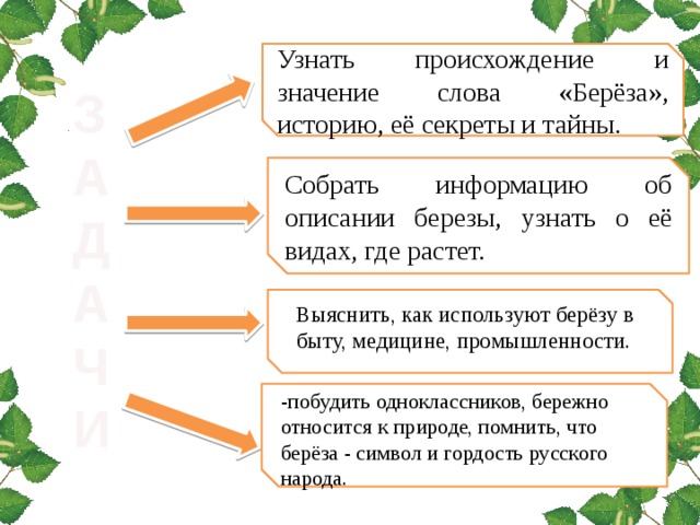 Узнать происхождение и значение слова «Берёза», историю, её секреты и тайны. З А Д А Ч И Собрать информацию об описании березы, узнать о её видах, где растет. Выяснить, как используют берёзу в быту, медицине, промышленности. -побудить одноклассников, бережно относится к природе, помнить, что берёза - символ и гордость русского народа. 