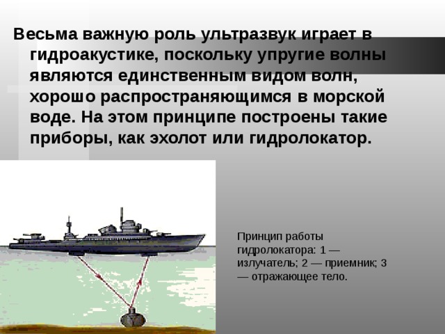 Весьма важную роль ультразвук играет в гидроакустике, поскольку упругие волны являются единственным видом волн, хорошо распространяющимся в морской воде. На этом принципе построены такие приборы, как эхолот или гидролокатор. Принцип работы гидролокатора: 1 — излучатель; 2 — приемник; 3 — отражающее тело. 