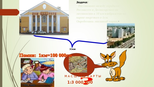 Задача:  Расстояние между городами Рославлем и Десногорском на местности в 30 км изображено на карте отрезком в 1см. Определить масштаб карты 1см . 30км М А С Ш Т А Б К А Р Т Ы 1:3 000 000 