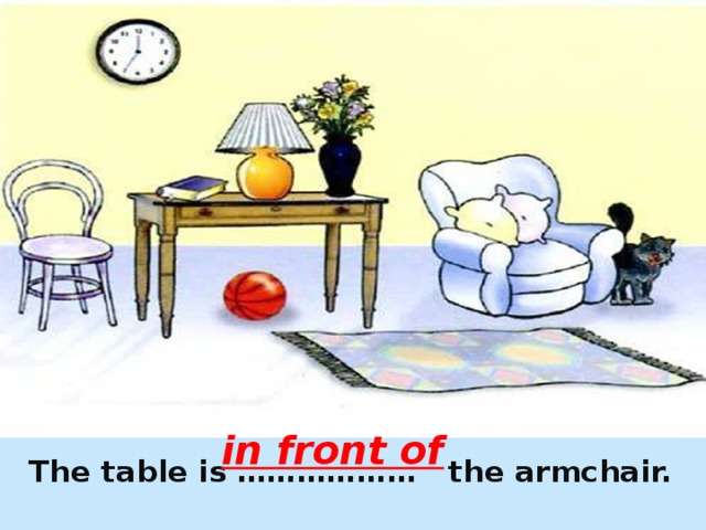 in front of The table is ……………… the armchair. 