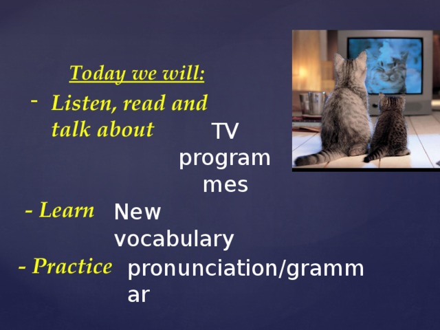 Today we will: Listen, read and talk about TV programmes - Learn New vocabulary - Practice pronunciation/grammar 