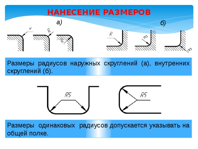 Определите радиус закругления. Нанесение размеров радиусов скруглений. Размер скругления на чертеже. Размер радиуса скругления. Диаметр скругления на чертеже.