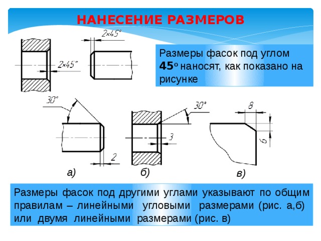 Как обозначаются фаски на чертеже под углом 45