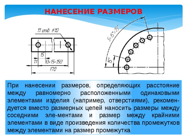 Равномерно расположенных. Простановка размеров между отверстиями. Размеры между отверстиями на чертеже. Нанесение размеров между отверстиями. Простановка одинаковых размеров на чертеже.