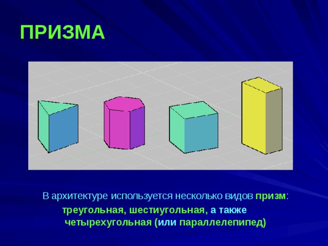 ПРИЗМА   В архитектуре используется несколько видов призм : треугольная, шестиугольная, а также четырехугольная ( или параллелепипед)  