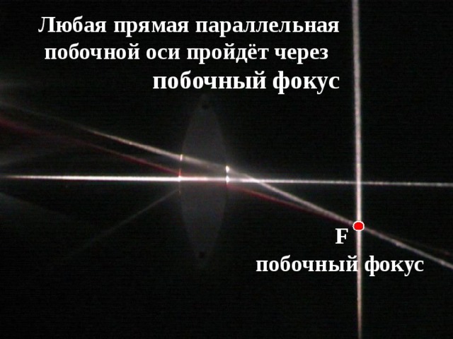 Побочная ось Любая прямая параллельная побочной оси пройдёт через  побочный фокус Фокальная линия Главная оптическая ось Главная оптическая ось  F  главный  фокус  F побочный фокус Фокальная линия 