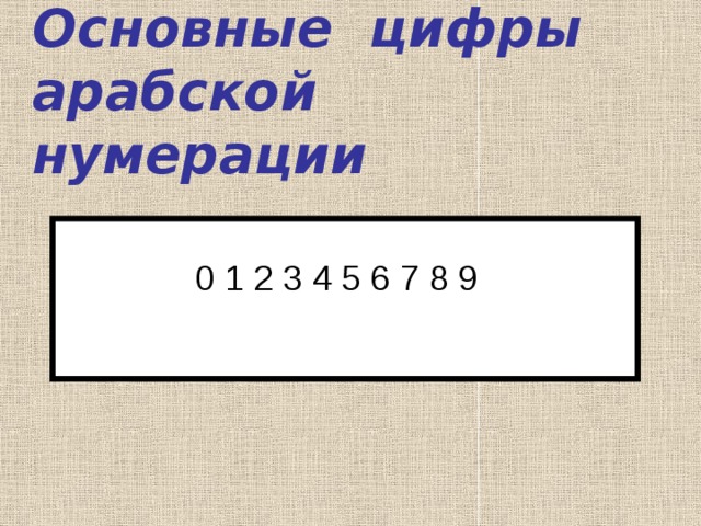 Основные цифры арабской нумерации 0 1 2 3 4 5 6 7 8 9 