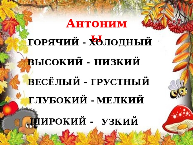 Антонимы ГОРЯЧИЙ - ХОЛОДНЫЙ ВЫСОКИЙ - НИЗКИЙ ВЕСЁЛЫЙ - ГРУСТНЫЙ ГЛУБОКИЙ - МЕЛКИЙ ШИРОКИЙ - УЗКИЙ 