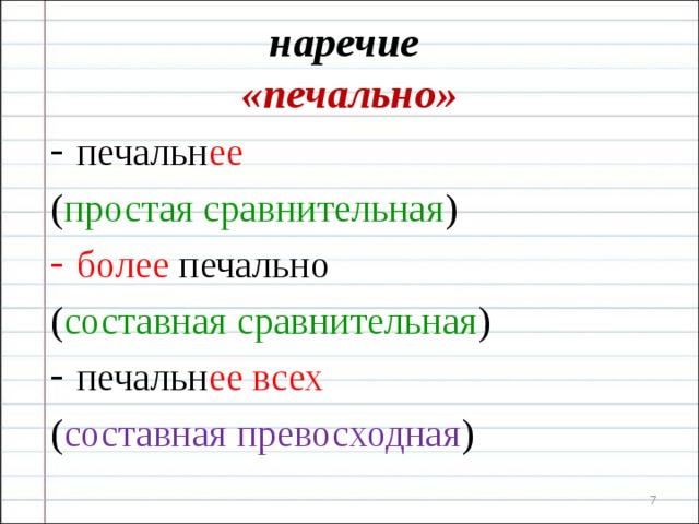 наречие  «печально» печальн ее ( простая сравнительная ) более печально ( составная сравнительная ) печальн ее  всех  ( составная превосходная )  