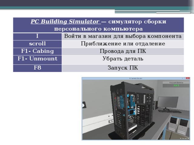 PC Building Simulator  — симулятор сборки персонального компьютера I Войти в магазин для выбора компонента scroll Приближение или отдаление F1- Cabing Провода для ПК F1- Unmount Убрать деталь F8 Запуск ПК 